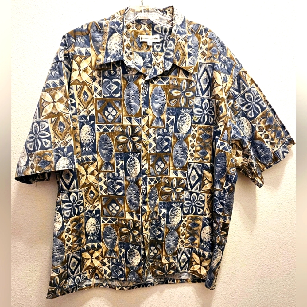 Pierre Cardin Blue and Brown Hawaiian Shirt Size XL